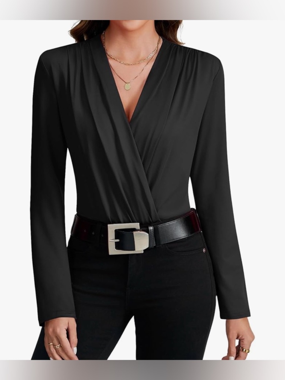 NWT LYANER Black Ruched Wrapped Deep V Neck Long Sleeve Bodysuit L